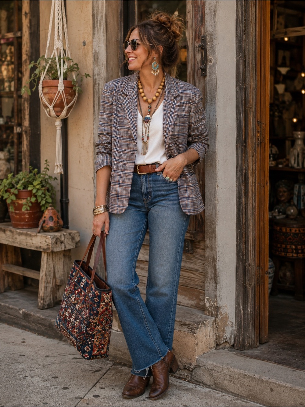 We The Free Checked Blazer in Blue and Tan Plaid